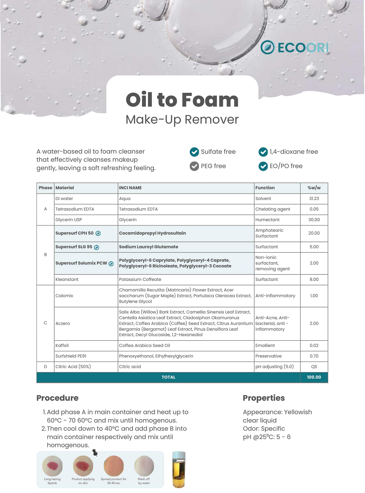 Oil to Foam Make Up Remover formulation guide by Ecoori