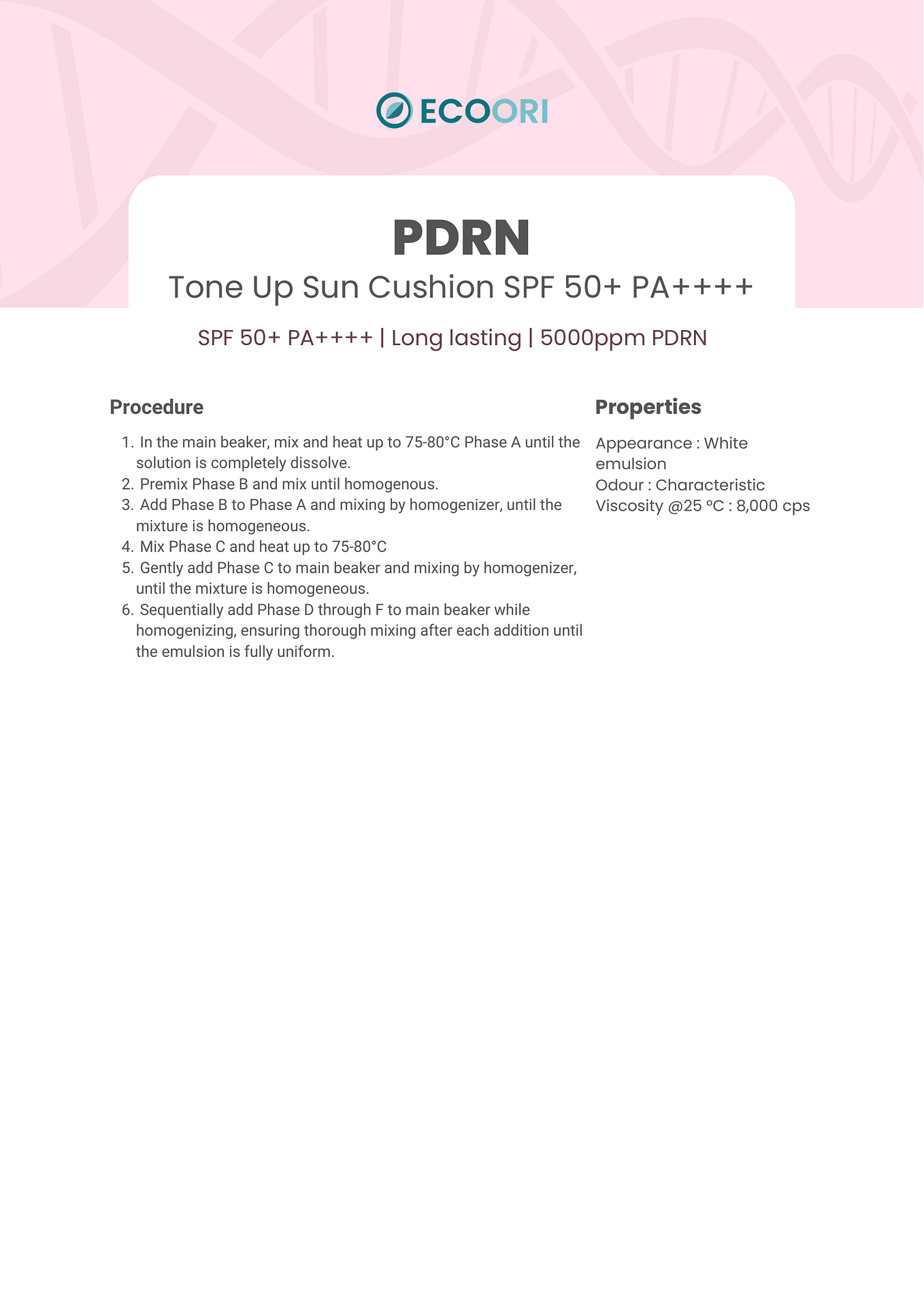 PDRN Tone Up Sun Cushion SPF50+ PA++++ formulation guide by Ecoori
