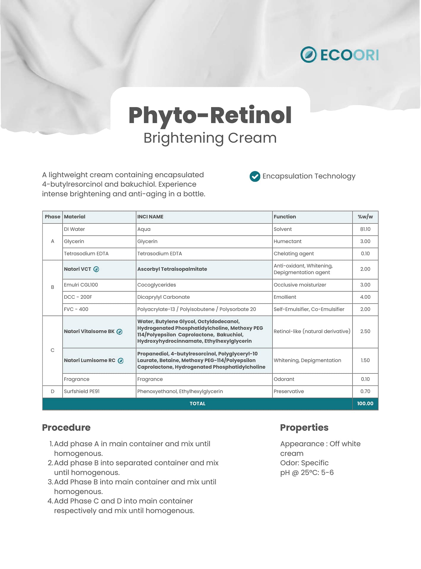Phyto Retinol Brightening Cream formulation guide by Ecoori